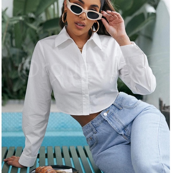 100% Cotton White Crop Button Up Down Long Sleeve Collared Shirt - Picture 1 of 7